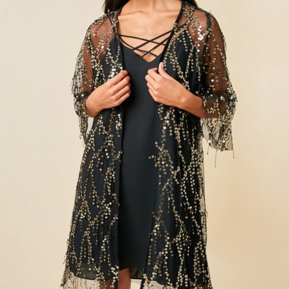 NEW HAYDEN SEQUIN cardigan cover up wrap BLACK or CHAMPANGE rocker party SM-3XL - Picture 2 of 8